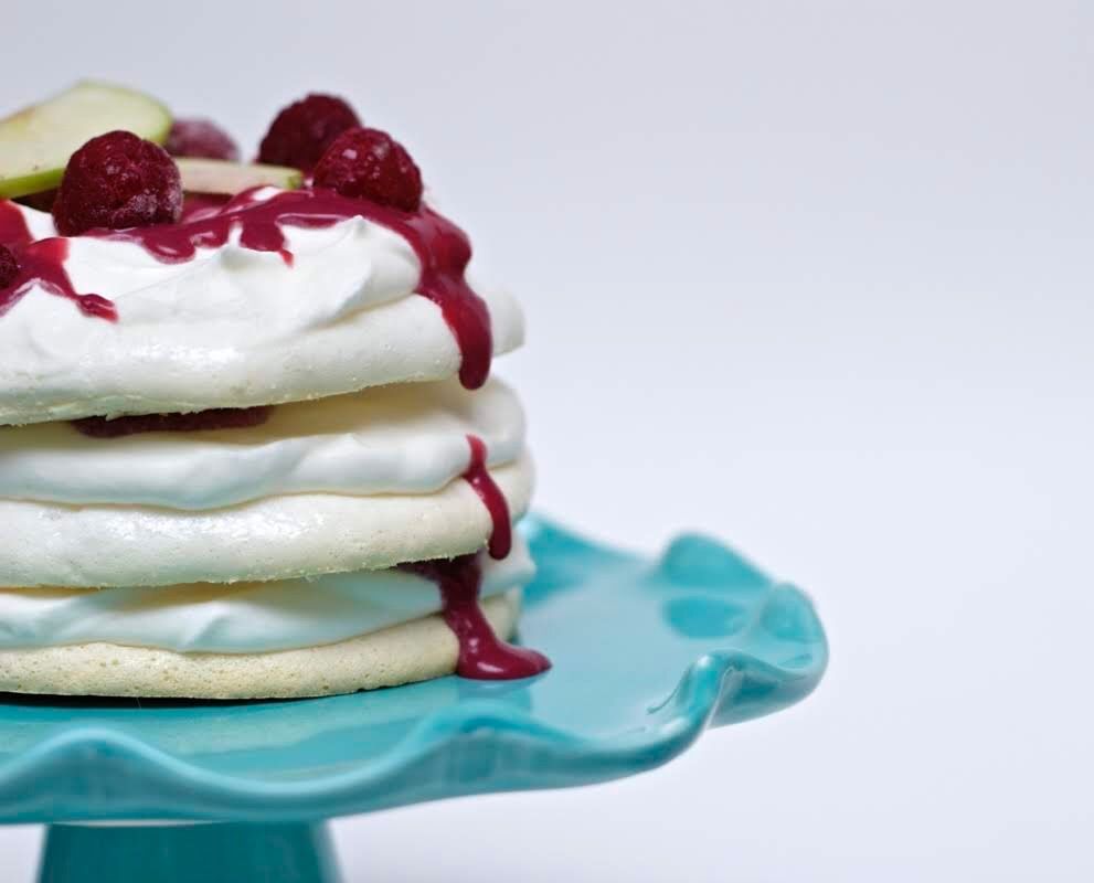 Pavlova Layer Cake with Whipped Cream and Raspberries